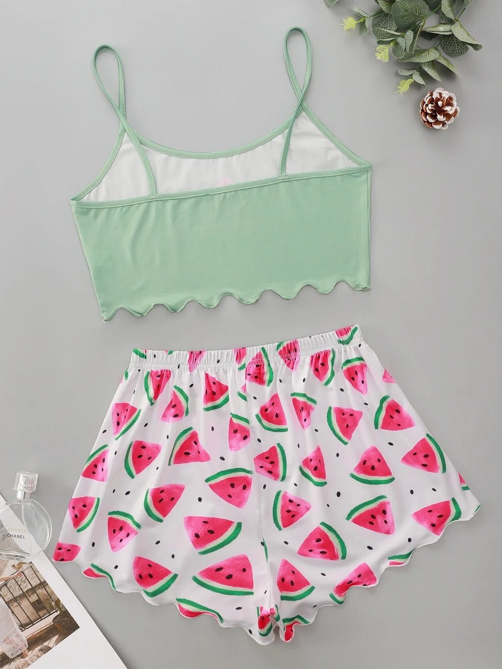 Watermelon Lettuce Women Pajama Set Sleeveless O Neck Crop Top & Elastic Waist Shorts 2 Pieces Female Sleepwear Summer Nightwear