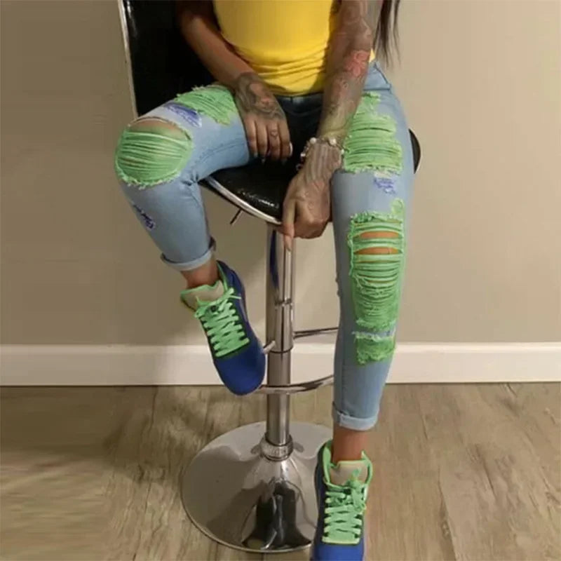 2025 New Ripped Jeans For Women Yellow Scratch Denim Pencil Pants High Waisted Stretch Skinny Hollow Out Sexy Female  Mujer