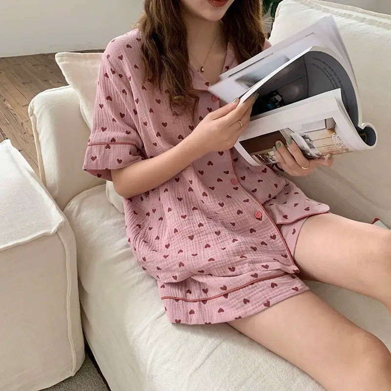 Cotton Women's Pajamas Korean Sleepwear Summer 2021 Pijama Heart Print Pyjamas Short Sleeve 2 Piece Set Suits Loungewear