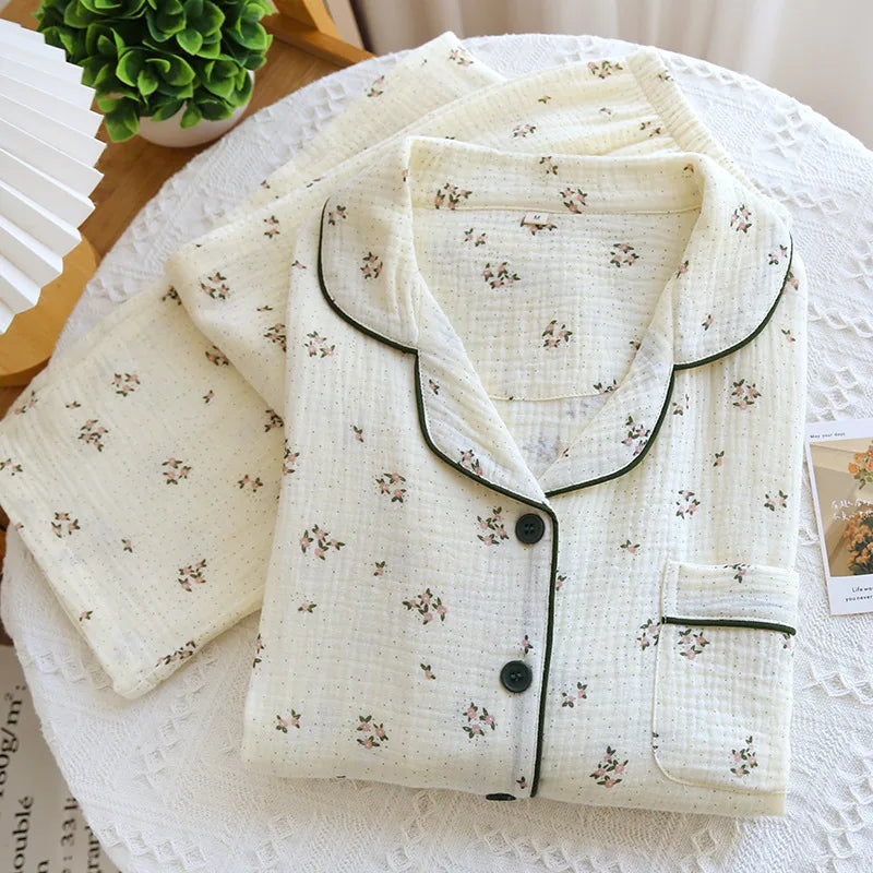 Summer women's 2-piece set of 100% pure cotton women's sleepwear bedroom set long sleeved+long pants women's sleepwear