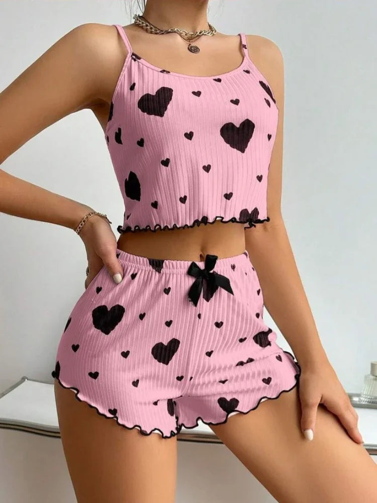 Casual Love Printing Women's Pajamas Set Sleepwear 2 PCS Short Tank Tops and Shorts White Ventilate Soft Homewear Nightwear