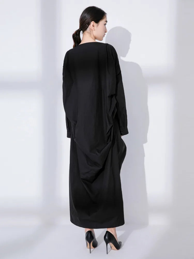 EAM Women Black Big Size Irregular Pleated Dress New Round Neck Long Sleeve Loose Fit Fashion Tide Spring Autumn 2026 31A0020