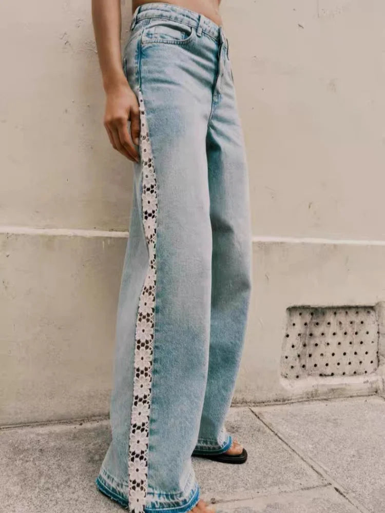 2026 Ropa Y2K Fashion Hollow Lace Patchwork Vintage Blue Baggy Jeans Pants For Women Clothing Korean Casual Lady Denim Trousers
