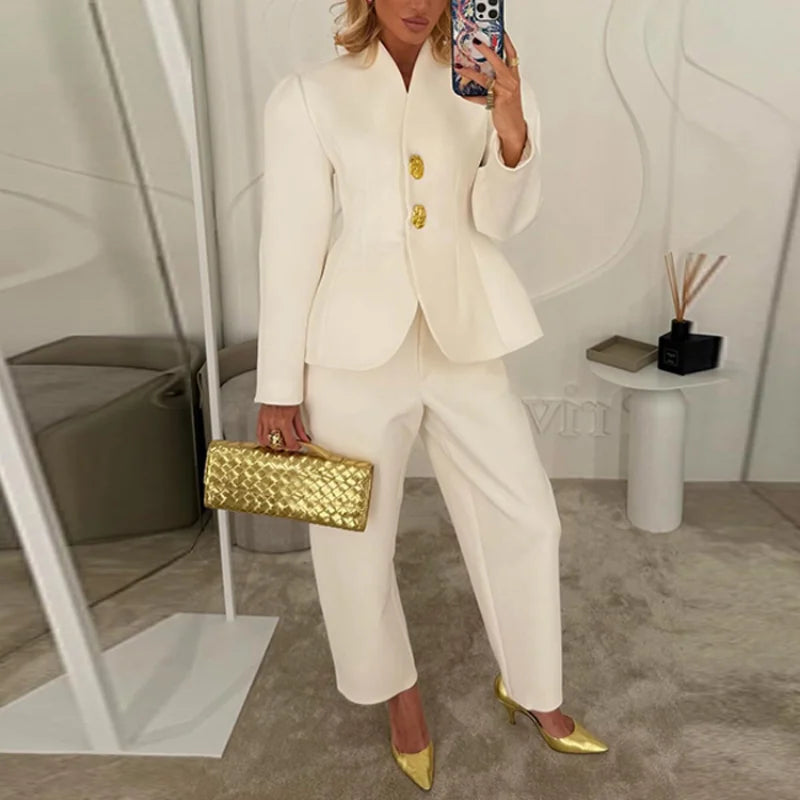 Fashion Solid V-neck Suit Casual Solid Long Sleeves Shoulder Pad Waist-cinching Pant Suit 2025 Autumn  Lady Daily Street Outfit