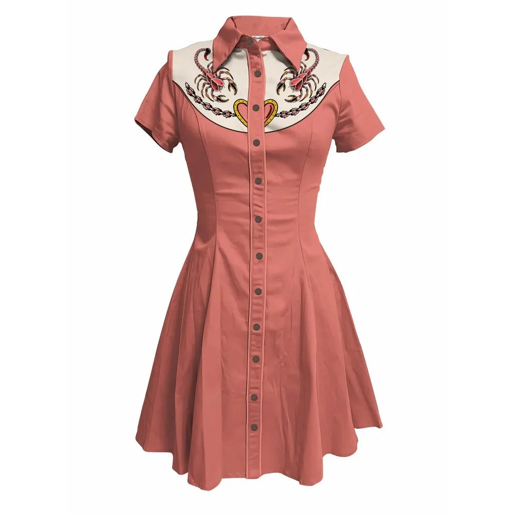 Flowers and Scorpions Printed Western Cowboy Dress for Women Sexy Girly Button-down Dress Short Sleeves 100% Cotton Summer Dress