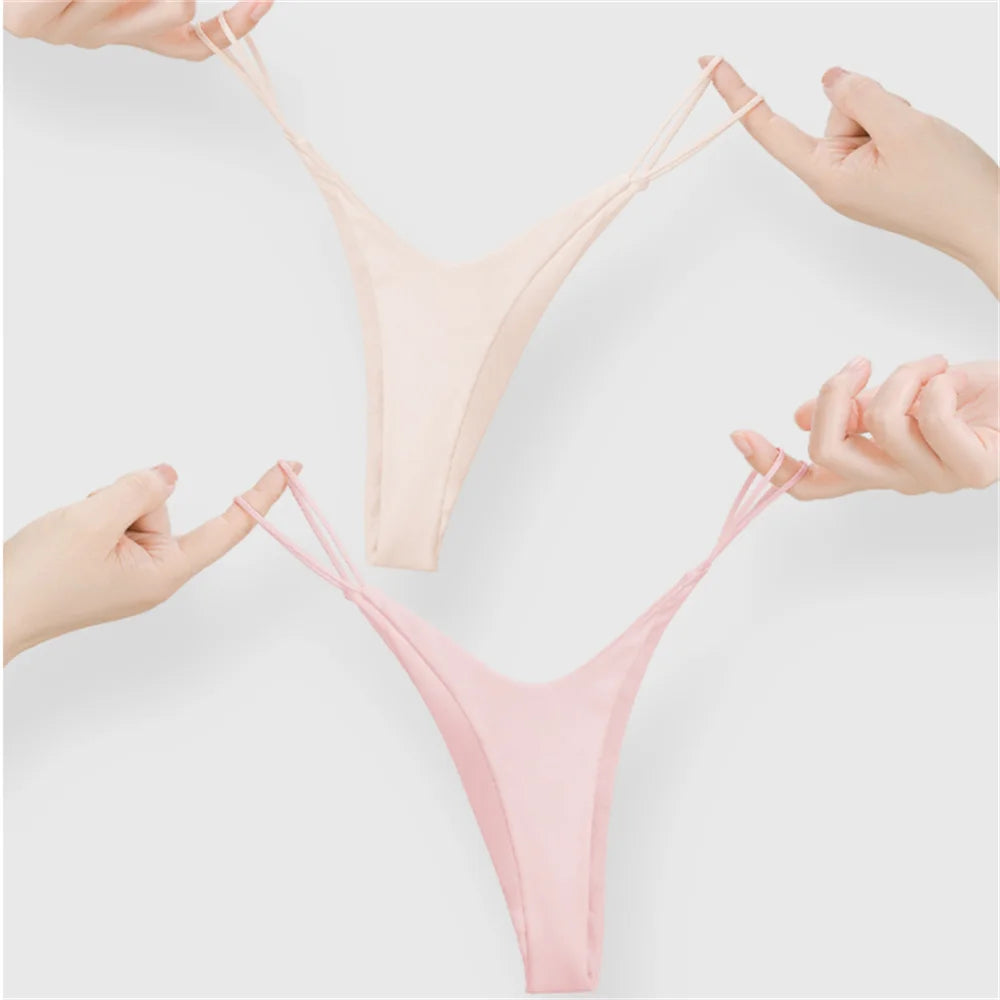 3Pcs/Pack Double Thin Strap Women's Sexy Hot Underwear Low Waist Double Layer Cotton Thong High Cut Seamless Sports G-string