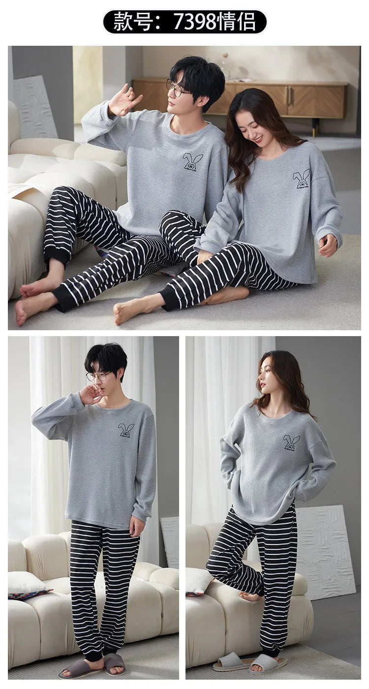 Couple Long Sleeves Sleepwear Autumn Winter Cotton Pajama Sets Print Pants Homewear Kawaii Clothes 2 Piece Sets Nightwear Lovers