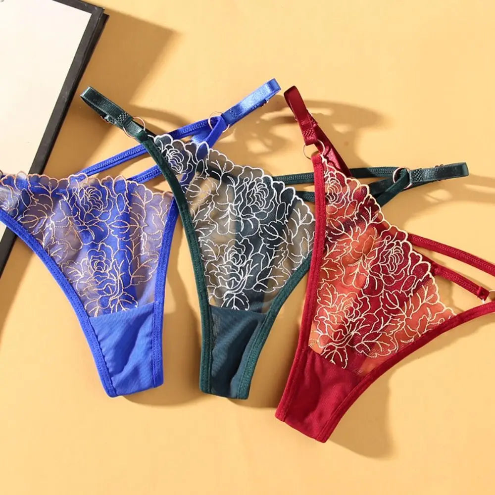 Sexy Lace Thong Women G Strings Embroidery Adjustable Panties Transparent Underwear Ladies Briefs Lingere Underware