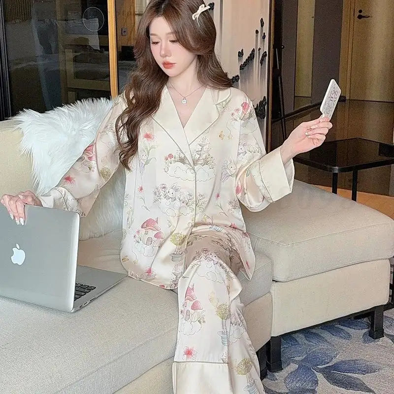 Silk Satin Female Pajamas Sleepwear 2PCS Set Fashion Print Flower Home Clothes Trouser Suits Spring New Loose Casual Nightwear