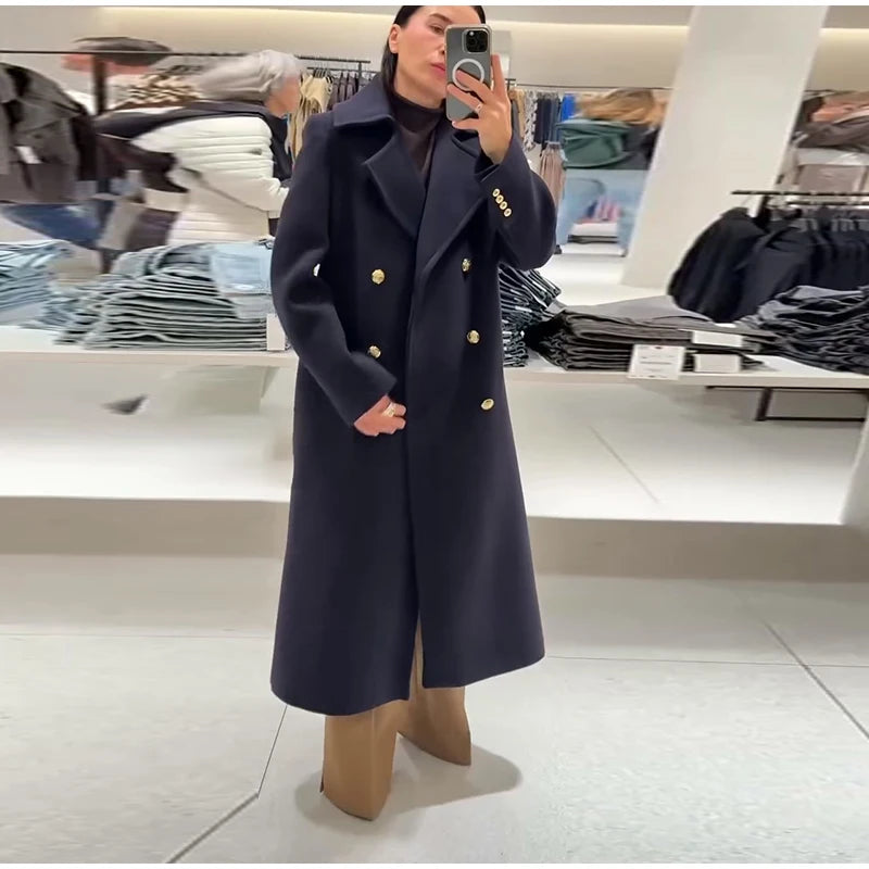 Elegant Stand Collar Long Woolen Coat Women Loose Full Sleeve Single Breast Warm Overcoat 2026 Spring Lady Outwear New