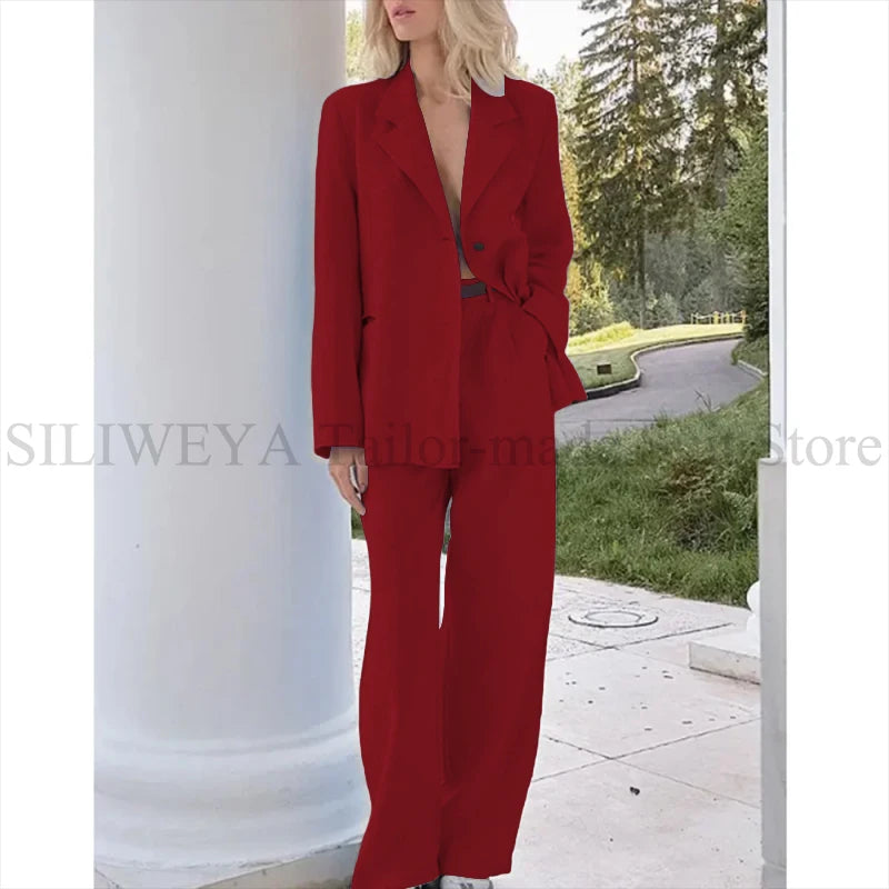 Elegant Light Blue Linen Women Suit Single Brested Jacket Pants 2 Piece Female Clothing Loose Casual Office Lady Balzer Set