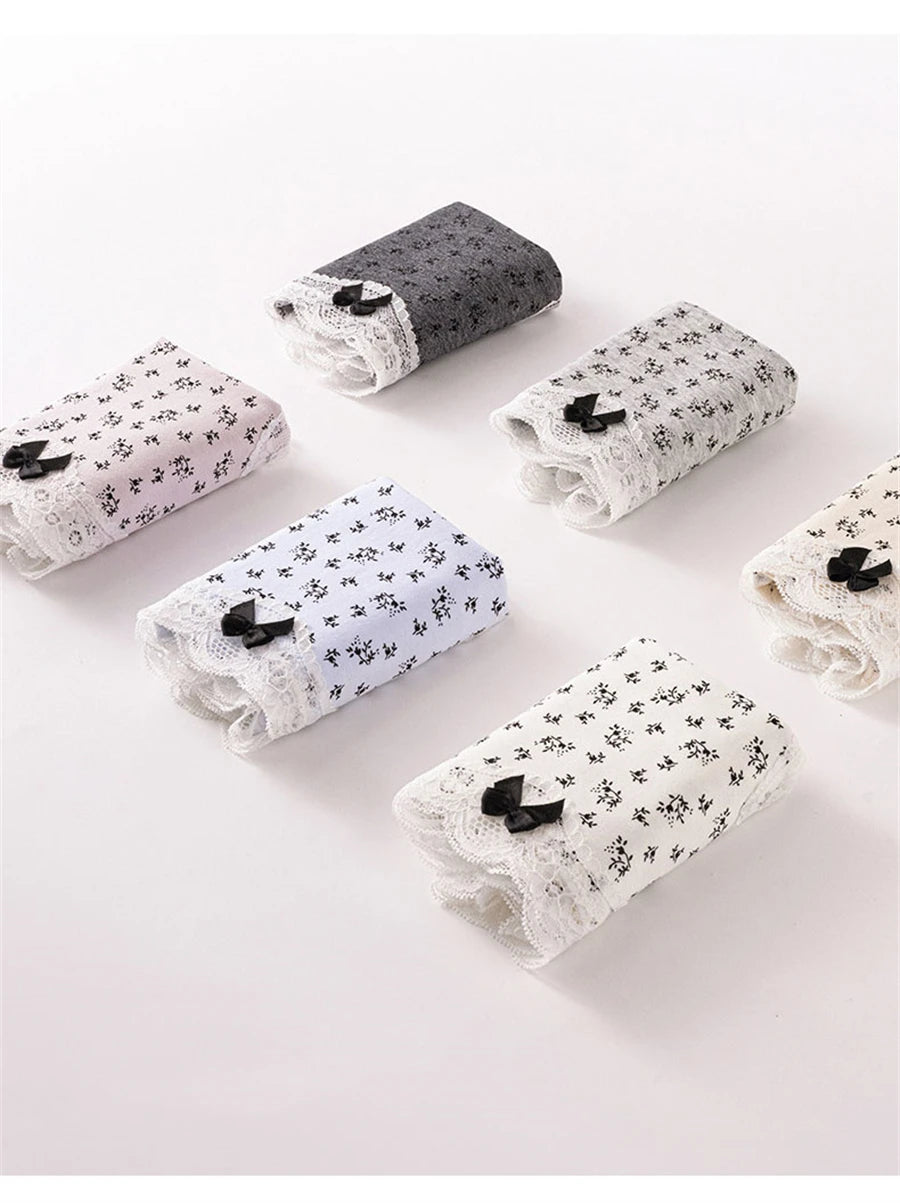 3Pcs Floral Cotton Crotch Panties Women's Underwear Cute Bow Brief Mid Waist Breathable Sexy Lace Female Lingerie Panties