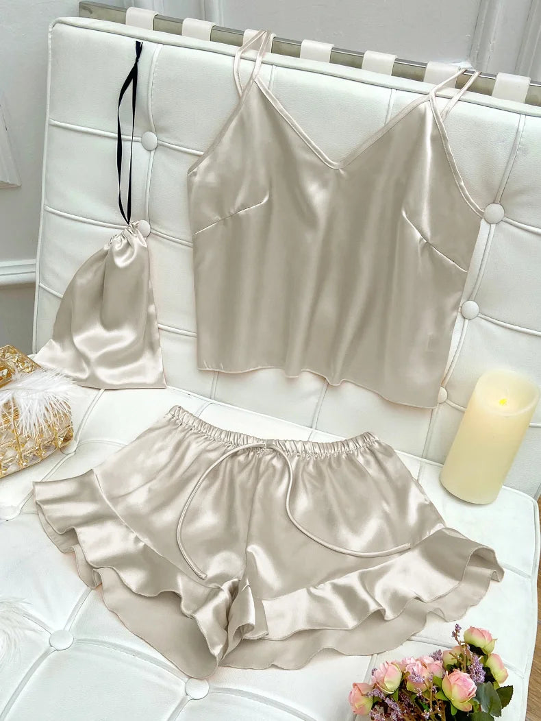 Fashion Sexy Underwear Set Women's 2 Pieces Sleepwear Pyjamas Silk Satin Bellyband Cami Top and Shorts Pajamas for Women Pijamas