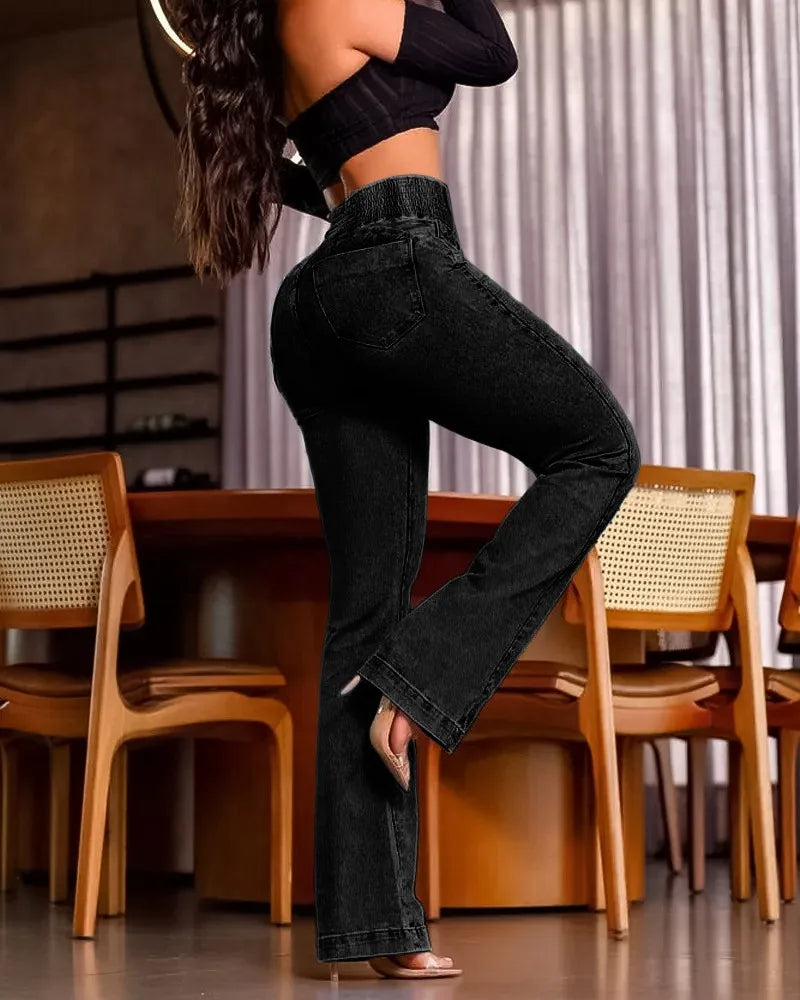 Spring Women Causal Jeans Back Shirred Button Front High Waist Jeans Denim Flare Pants
