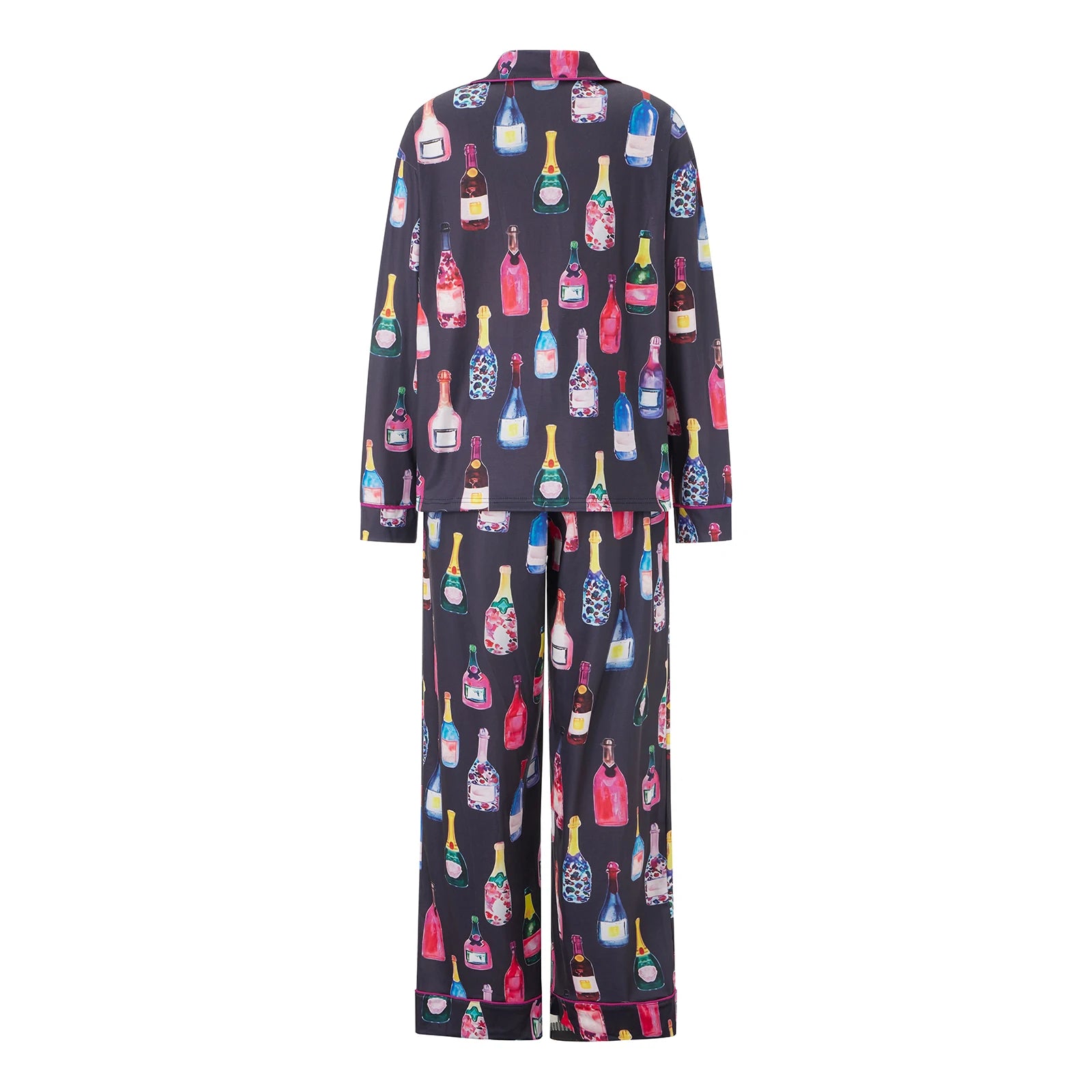 Womens Satin Pajamas Sets  2 Piece Set Champagne Bottle Wine Glasses Long Sleeve Button down Shirt Pants Satin Silk Loungewear