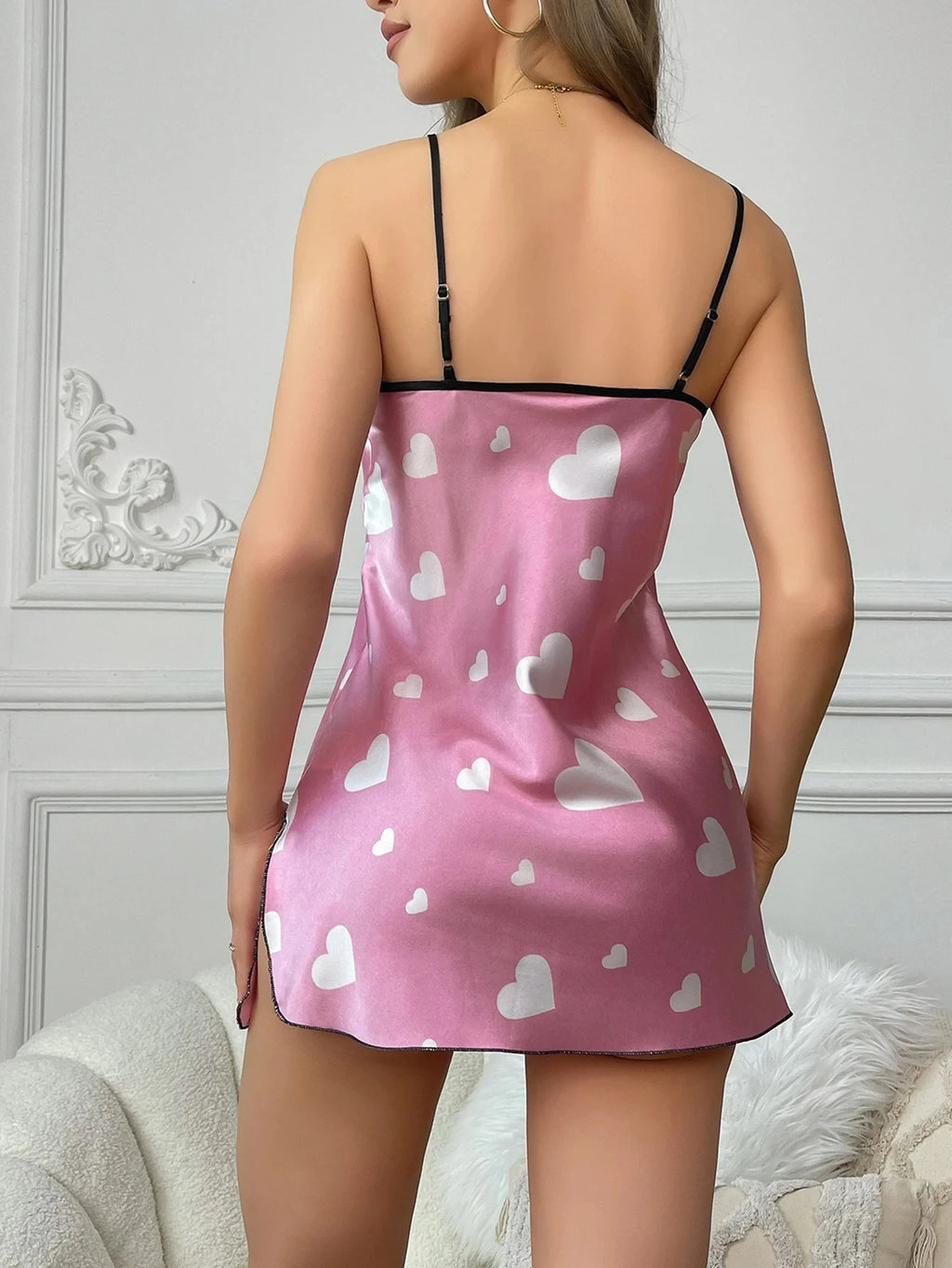 Women's holiday imitation silk four seasons love print fashion V-neck open elegant slip nightdress