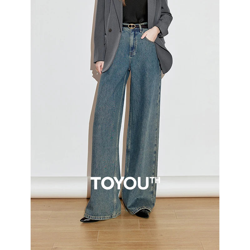 TOYOUTH Women Denim Jeans 2025 Spring New High Street Retro Pure Cotton Wide Leg Long Pants