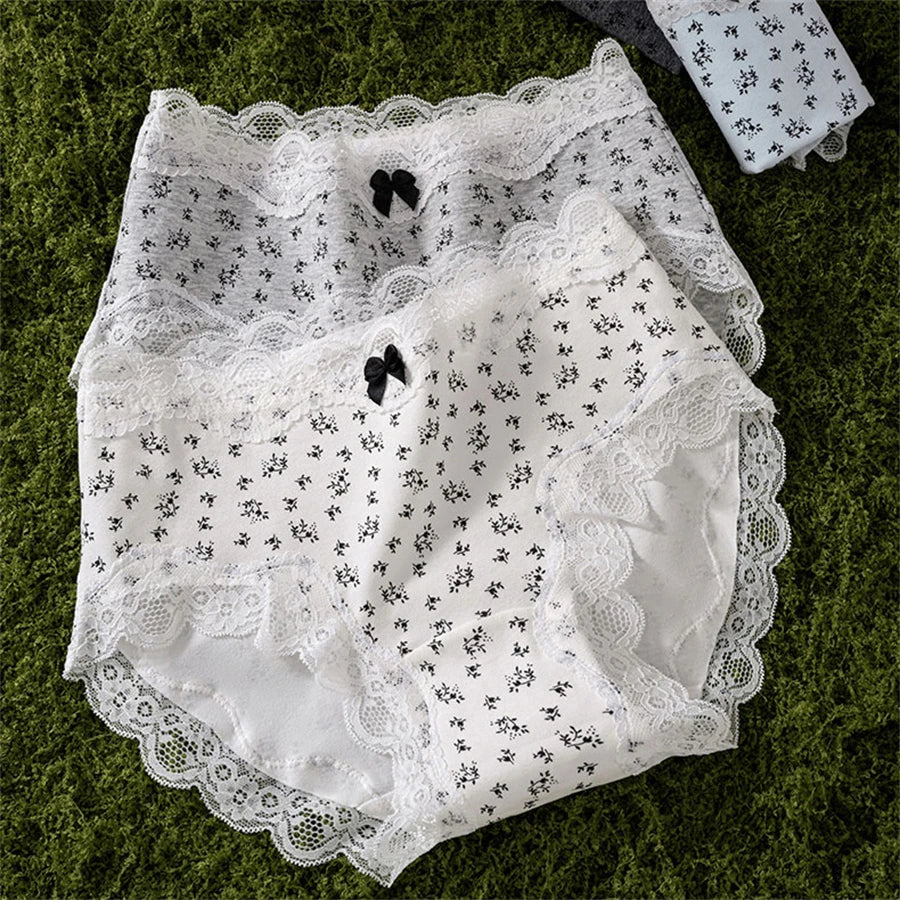 3Pcs Floral Cotton Crotch Panties Women's Underwear Cute Bow Brief Mid Waist Breathable Sexy Lace Female Lingerie Panties