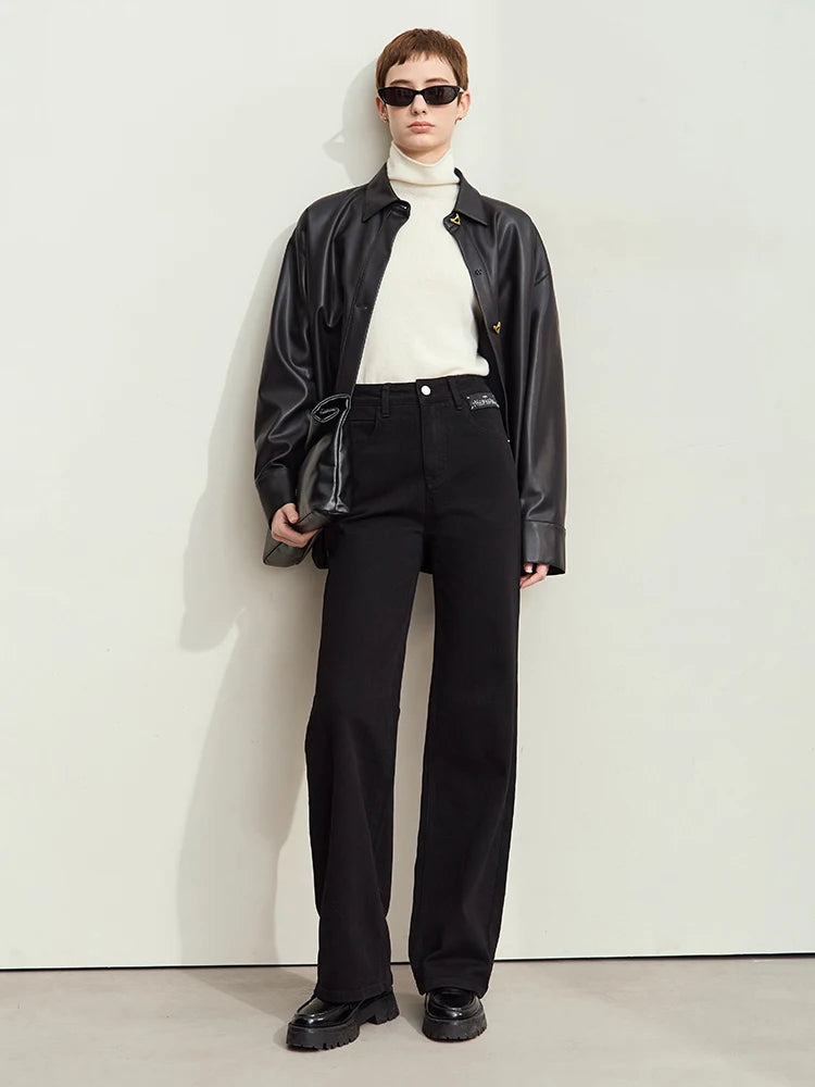 AMII Minimalist Women's Black Loose Jeans 2024 Winter New Leather Tag Decoration Female Straight Long Wide Leg Pants 12444098