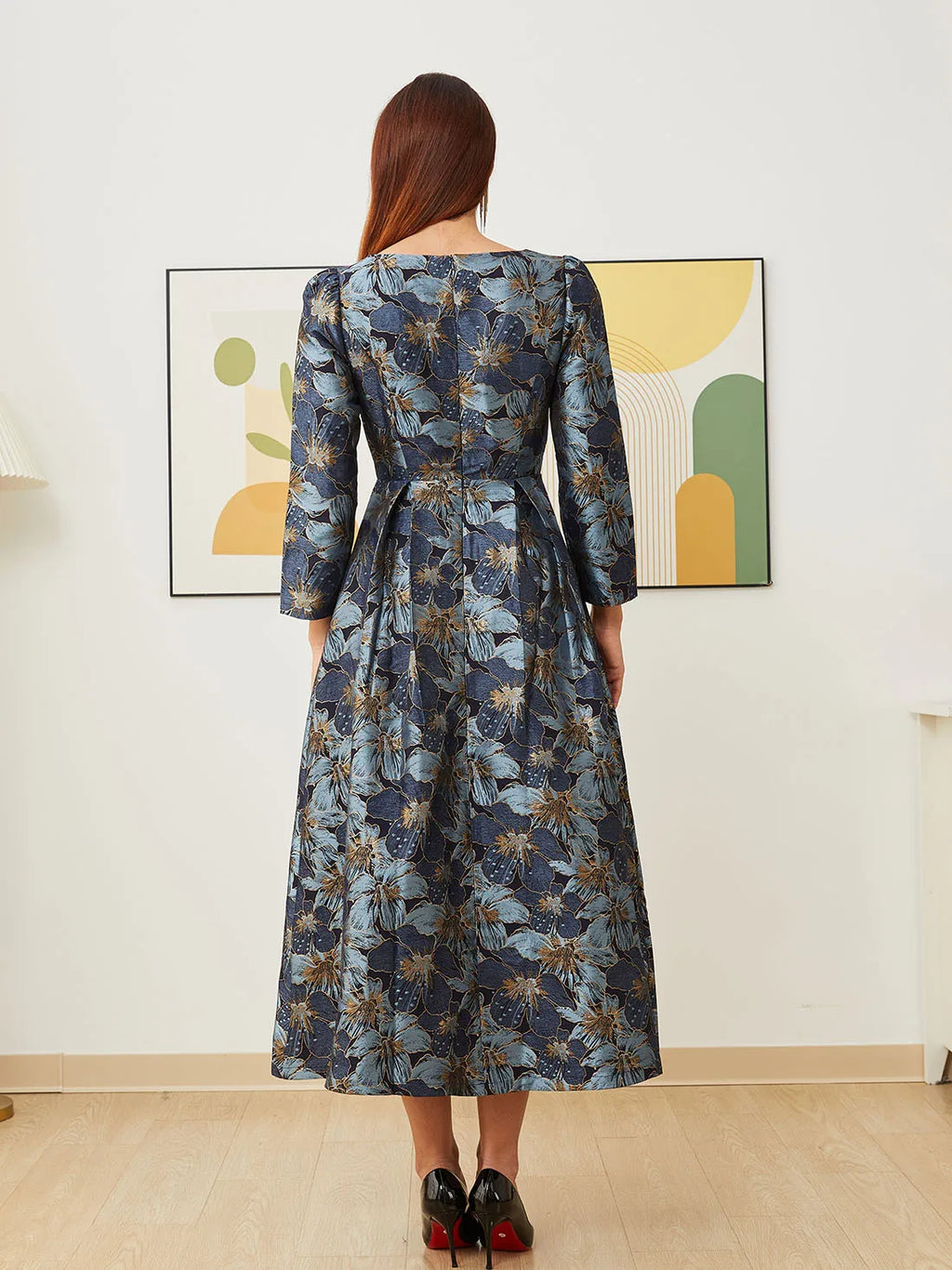 Elegant Women Long Maxi Evening Dress Floral Jacquard Fall V Neck Lady Autumn Winter Party Fashion Formal Vestidos