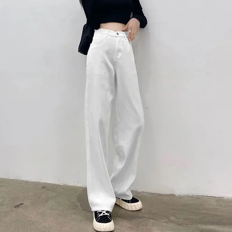 Loose Straight Leg Jeans, Korean Version of Women's Autumn Water Washing High-waisted Wide-leg Pants, Casual Floor-length Jeans