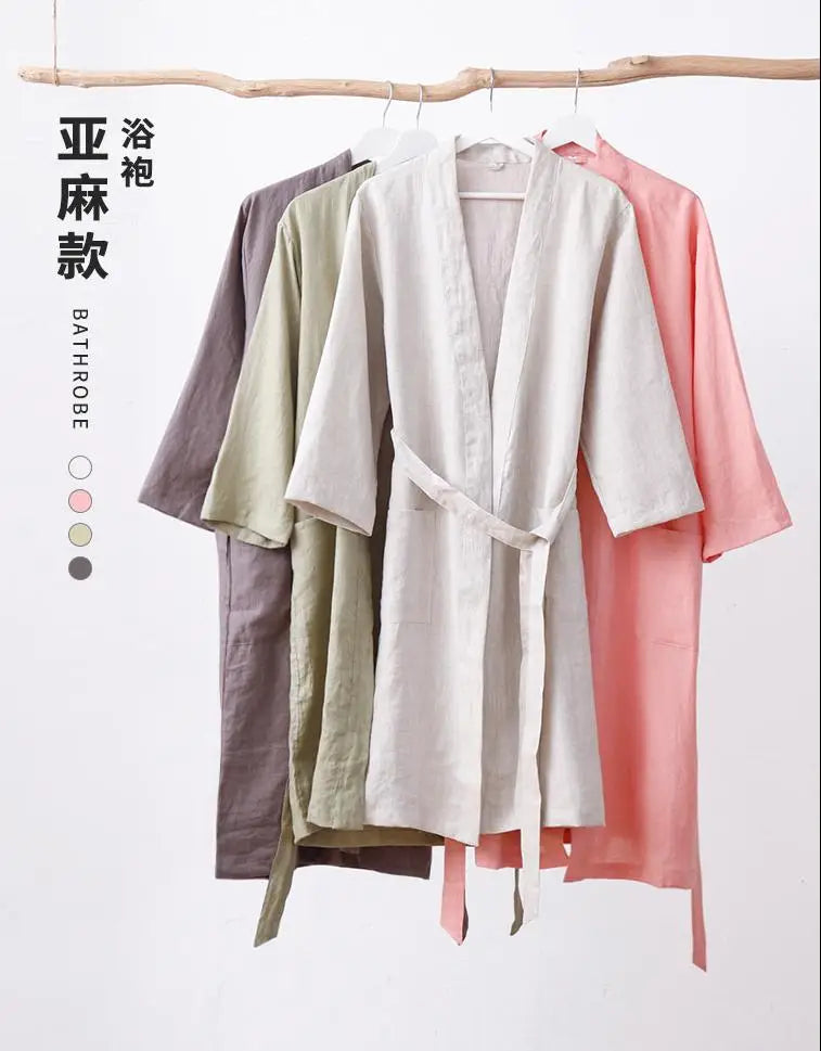 70% Cotton 30% Linen Kimono Bathrobe Nightgown 2025 New Loose Men And Women Dressing Gown Sleepwear Nightwear Solid Hotel Robe
