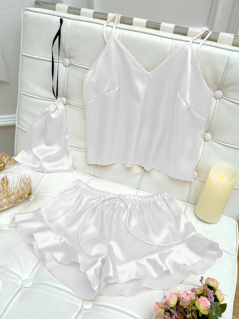 Fashion Sexy Underwear Set Women's 2 Pieces Sleepwear Pyjamas Silk Satin Bellyband Cami Top and Shorts Pajamas for Women Pijamas