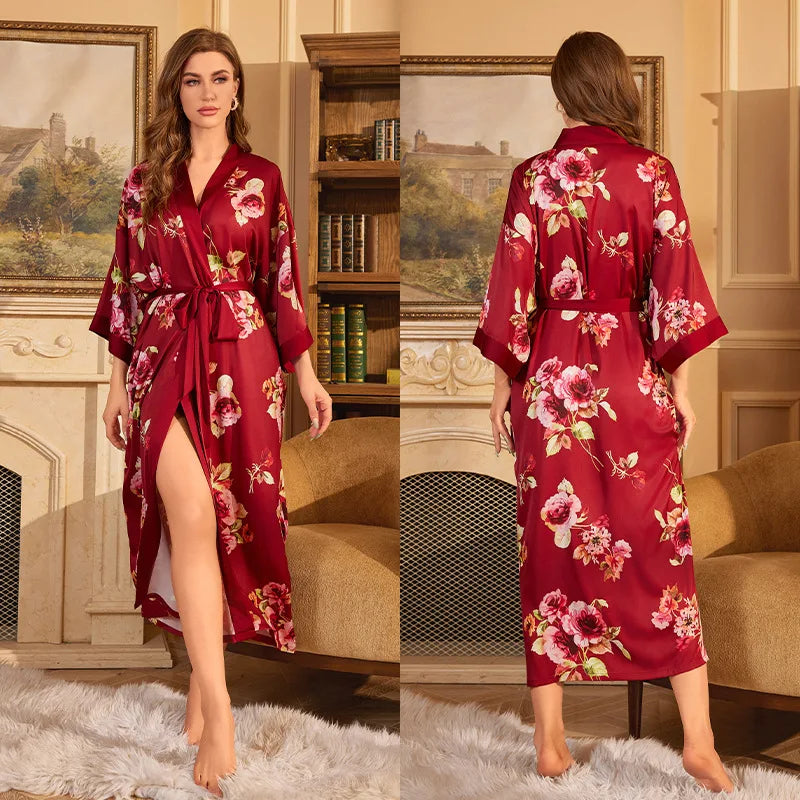 Print Flower Female Long Robe Sleepwear Japanese Kimono Bathrobe Gown Spring Summer Satin Nightgown Loose Casual Home Dress Wear