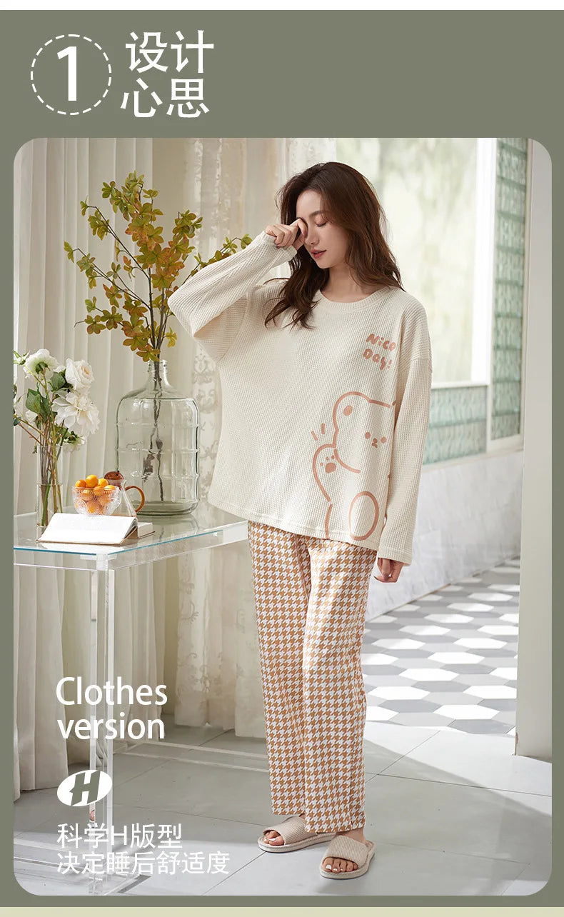 Couple Long Sleeves Sleepwear Autumn Winter Cotton Pajama Sets Print Pants Homewear Kawaii Clothes 2 Piece Sets Nightwear Lovers