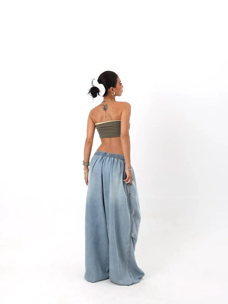 Autumn Oversized Women Wide Leg Jeans Y2K Hip Hop Streetwear Loose Denim Pants High Waist Drawstring All Match Straight Trousers