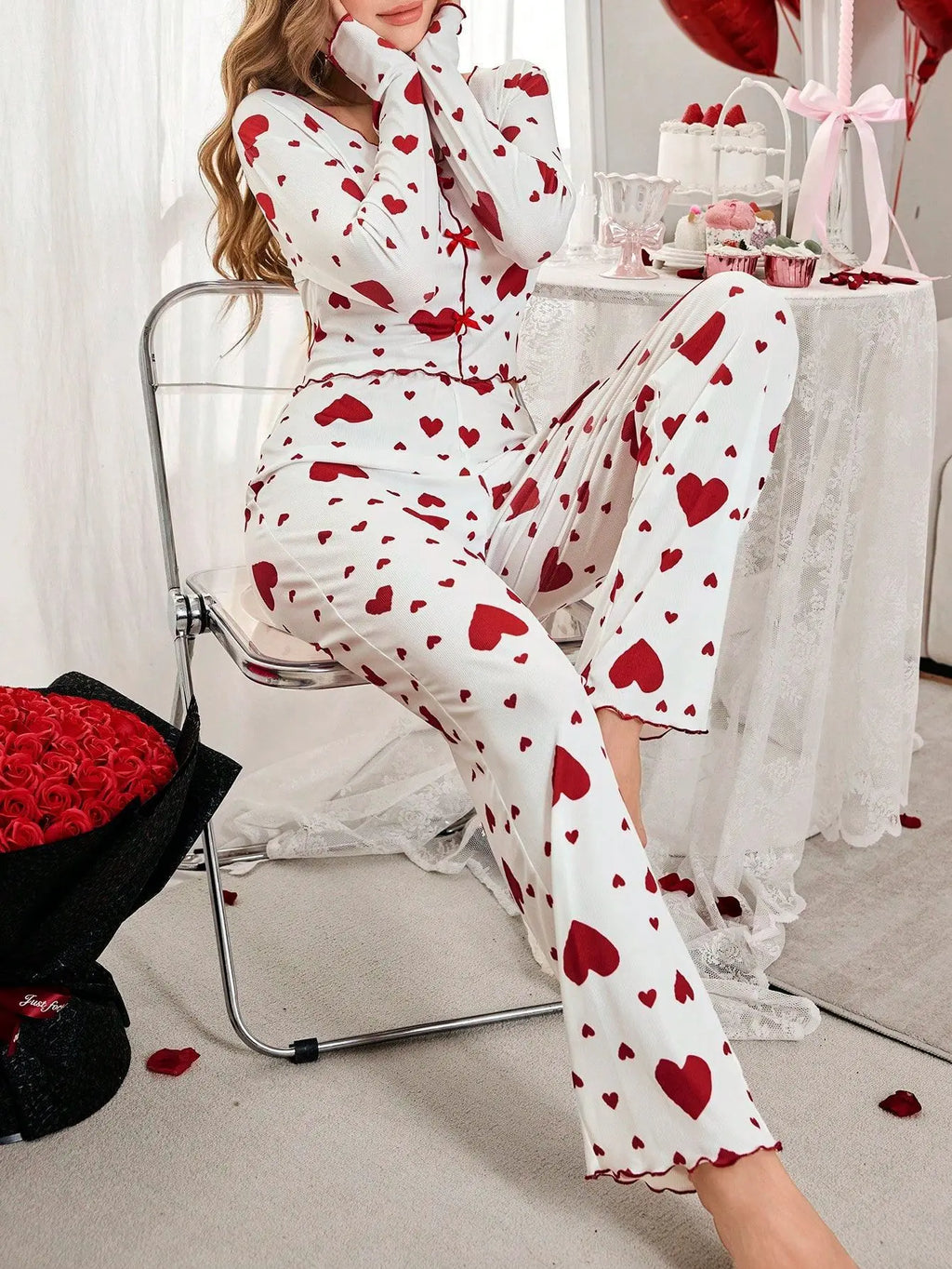 Autumn Winter 2 Pieces Pajamas Sets for Women Sleepwear Heart Print Long Sleeve Tops with Long Pants Trouser Set Pyjamas