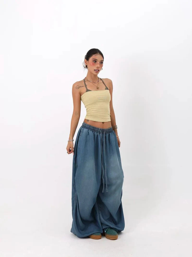 Autumn Oversized Women Wide Leg Jeans Y2K Hip Hop Streetwear Loose Denim Pants High Waist Drawstring All Match Straight Trousers