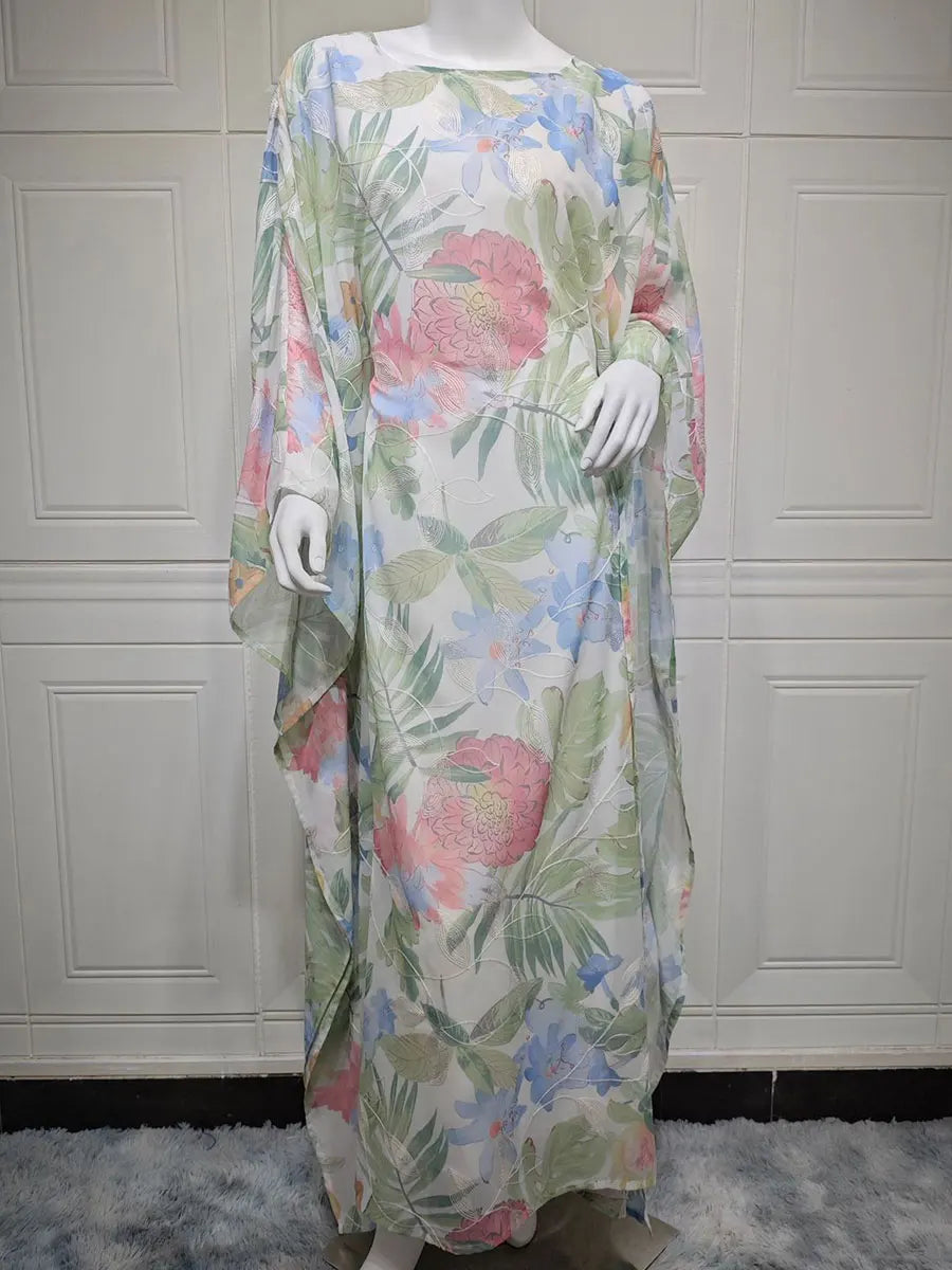 Siskakia Muslim Printing Dress For Woman Batwing Sleeve O-Neck Dubai Abaya Elegant Casual Loose Moroccan Saudi Kaftan Fashion