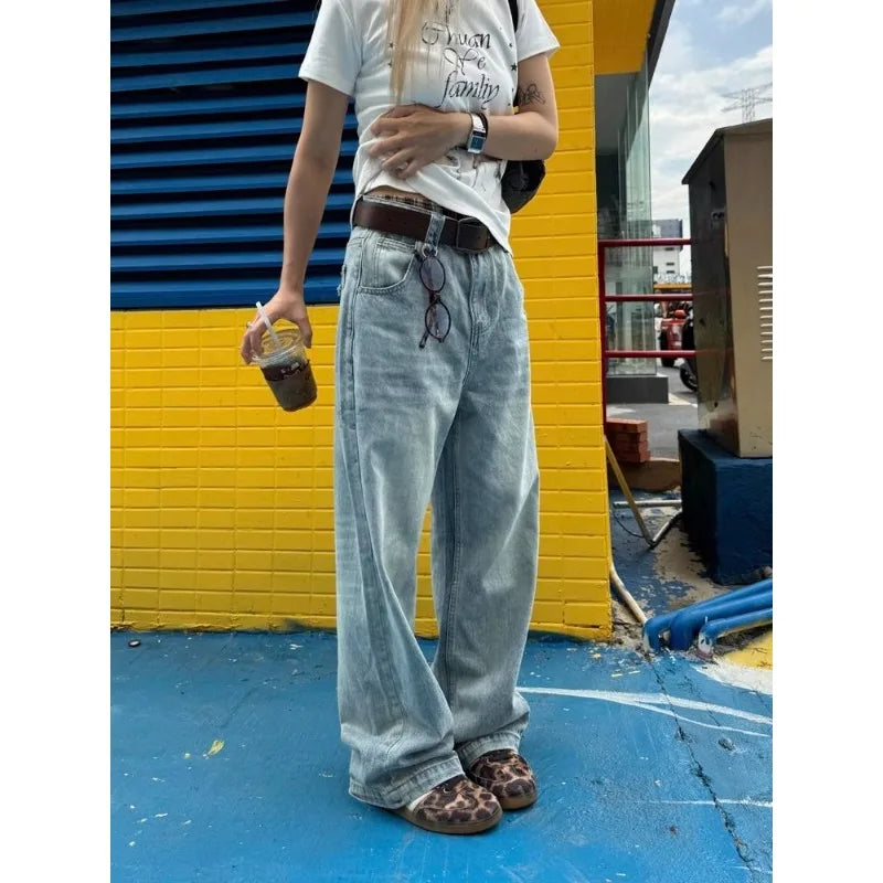 Wash Retro Light Blue Neutral Denim Trousers Women's Summer Cool Girl Pants Vintage Bottoms Female High Waist Wide-leg Jeans