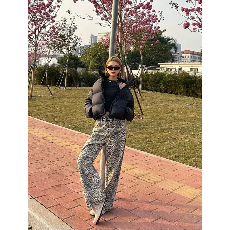 American Retro High Street Casual Overalls Leopard Print Loose Wide Leg Pants For Women Y2k Hip-hop Cargo Grunge Baggy Trousers
