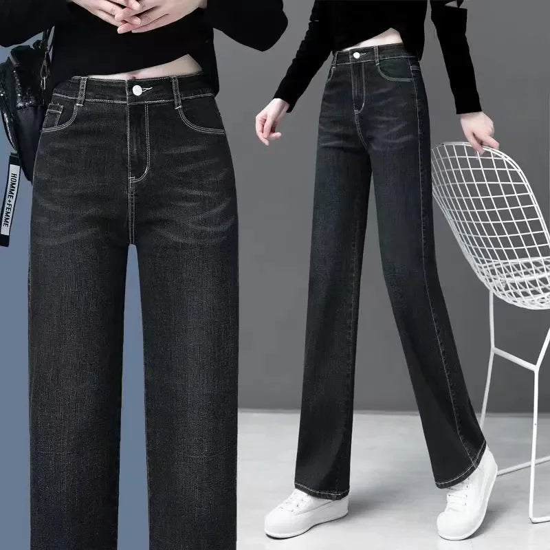 Women Vintage Thicken Loose Straight Jeans Korean Fashion High Waist Velvet Lined Denim Pants Winter Warm Snow Wear Vaqueros New