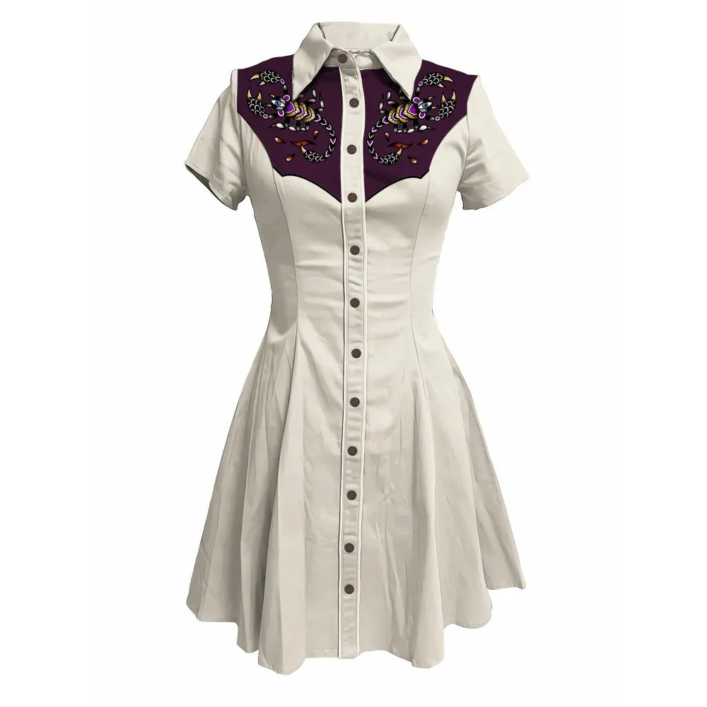 Flowers and Scorpions Printed Western Cowboy Dress for Women Sexy Girly Button-down Dress Short Sleeves 100% Cotton Summer Dress