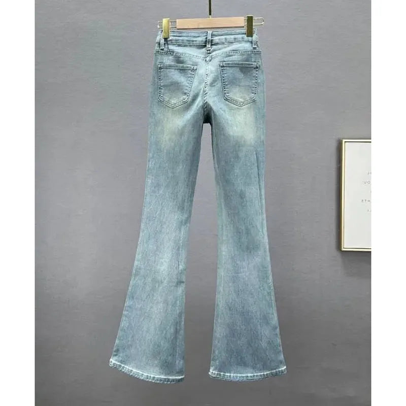 Slim-Fit Denim Micro Flared Pants Female Tide New Fashion Elastic High Waist Rhinestone Button Zipper Temperament Joker Pants