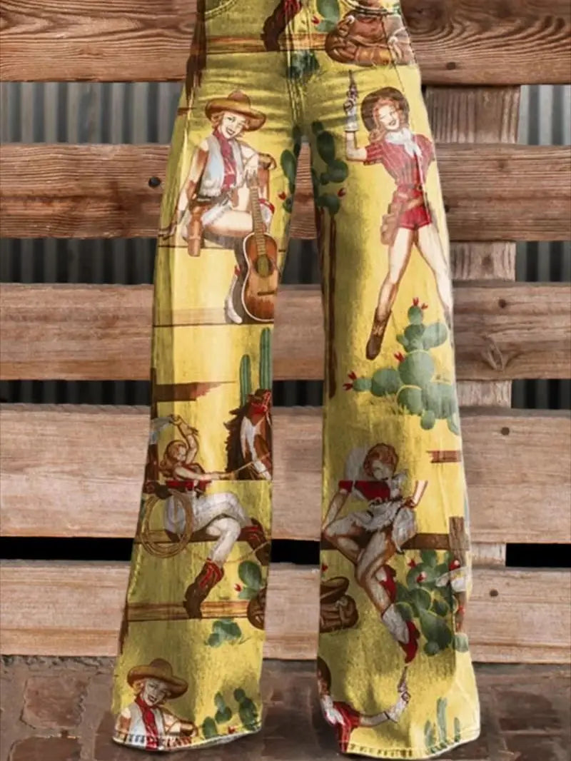 Spring and Summer Women's Long Pants 3D Digital Printing Imitates Denim Thin Fabric Fashion Elements Color Blocked Wide LegPants