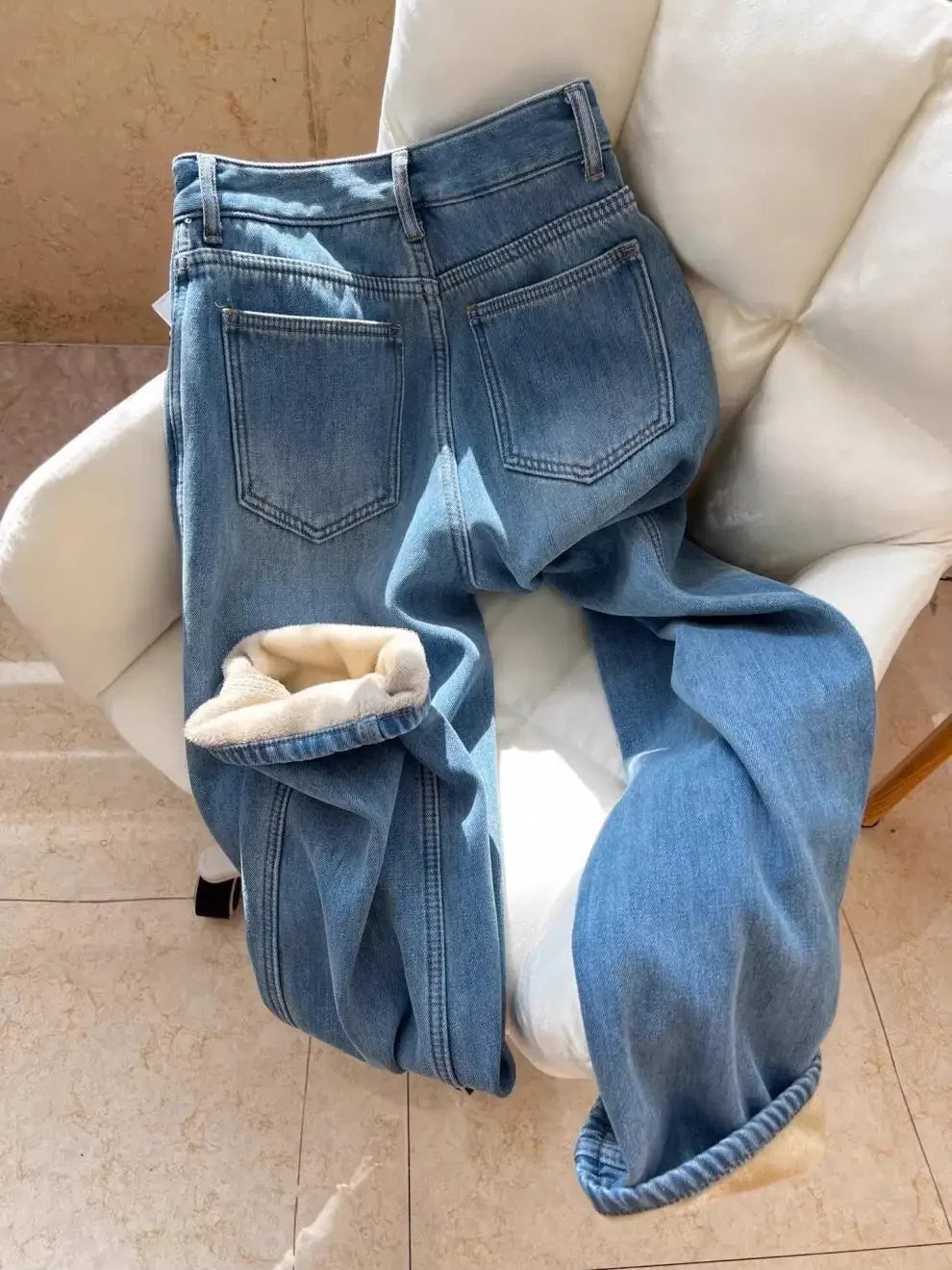 Thickened Fleece High Waist Straight Leg Jeans Women Winter New Style Loose Slim Wide Leg Pants Floor-Length Trousers