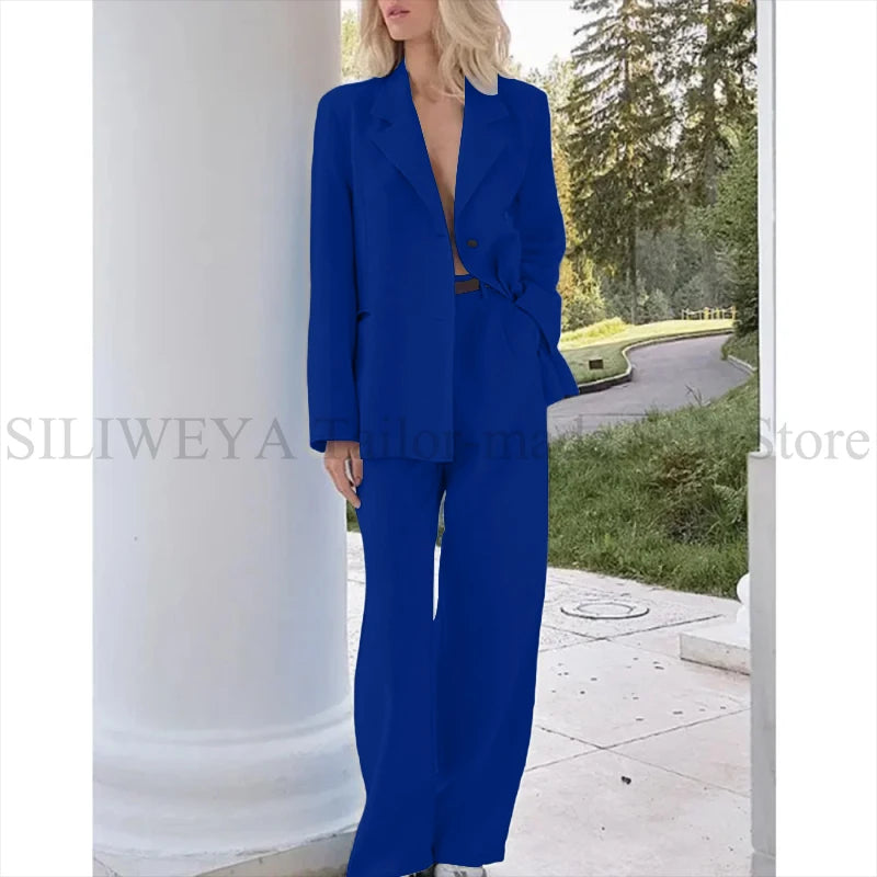 Elegant Light Blue Linen Women Suit Single Brested Jacket Pants 2 Piece Female Clothing Loose Casual Office Lady Balzer Set