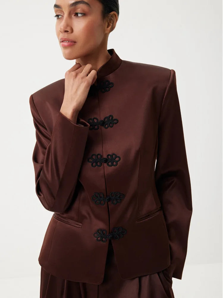 DFDG Women's Spring Summer Satin Mandarin Collar Knot Button Blazer Chic Formal Casual Wear 2026 Trendy Feminine Fashion Coat