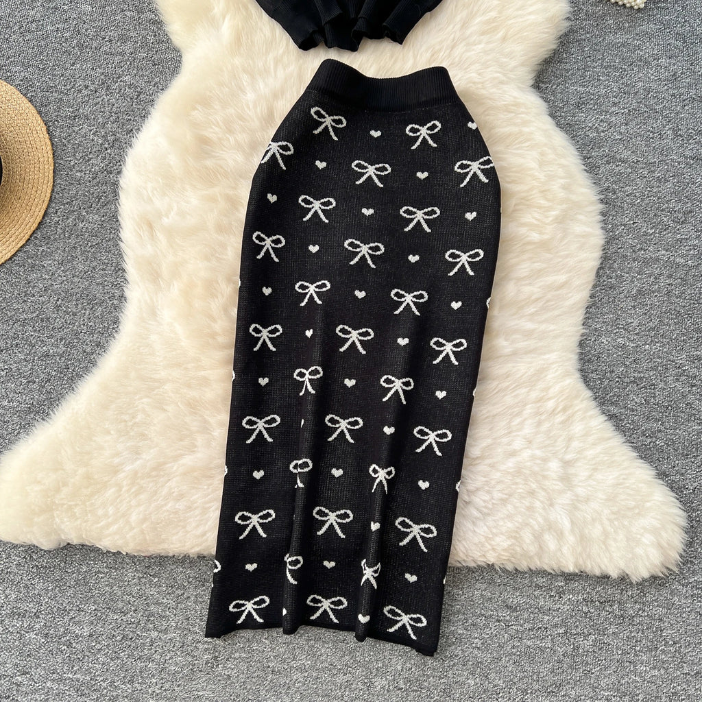 SINGREINY Newest Summer Knitting Suits O Neck Basic Tops+High Waist Sheath Long Skirt Bow Print Chic Casual Women 2pcs Sets