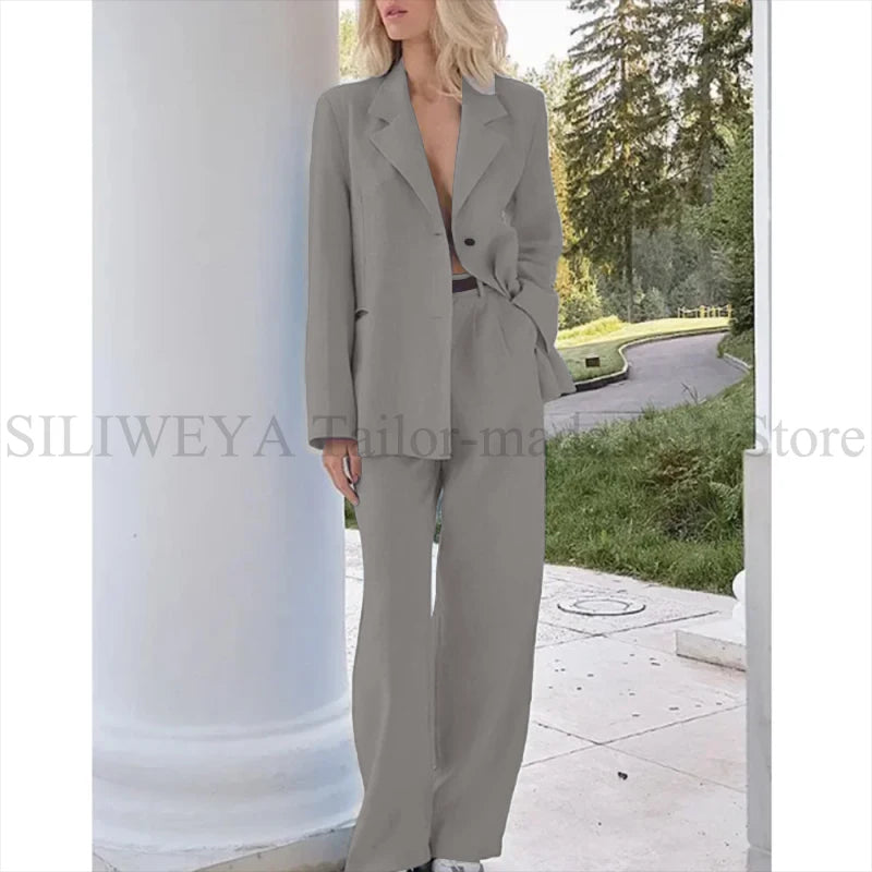 Elegant Light Blue Linen Women Suit Single Brested Jacket Pants 2 Piece Female Clothing Loose Casual Office Lady Balzer Set