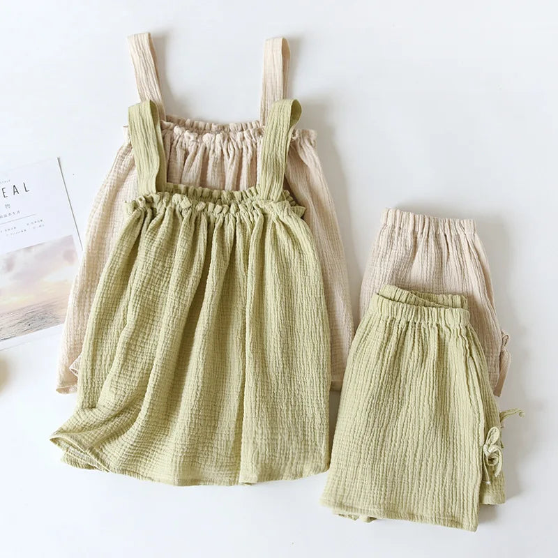 Fdfklak Pijamas Sexy Mujer Summer Sleeveless Gauze Cotton Women's 2 Piece Set Pyjamas Elegant New Soft Home Nightwear