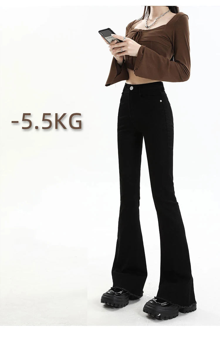 BIVIGAOS 2025 New Autumn Spring Micro Flared Jeans Women High Waist Slim Tight Retro Tassel Hem Stretch Denim Horseshoe Pants