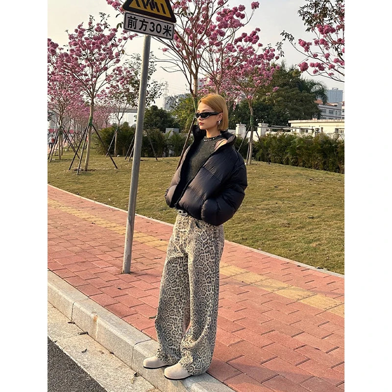 American Retro High Street Casual Overalls Leopard Print Loose Wide Leg Pants For Women Y2k Hip-hop Cargo Grunge Baggy Trousers