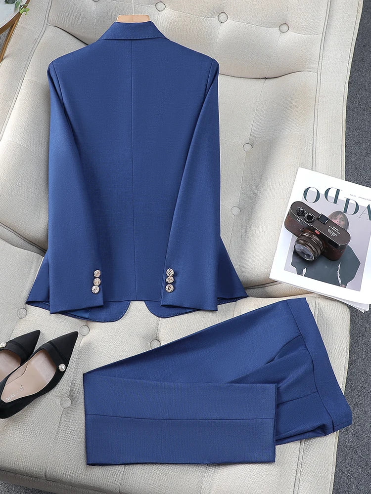 Women Pant Suit Gray Navy Solid Office Ladies Female Business Work Wear 2 Piece Set Formal Blazer Jacket And Trouser