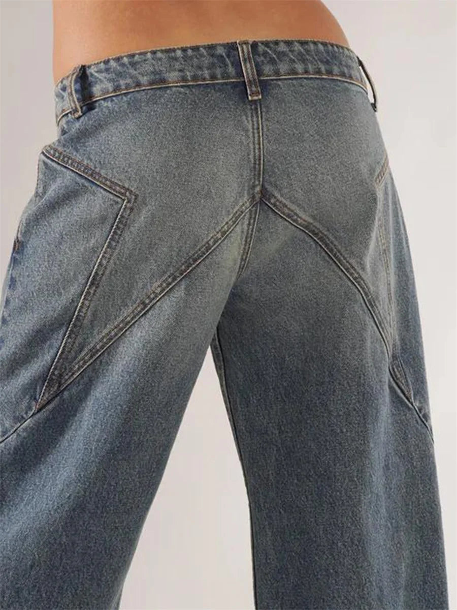 Women's Fall Jeans with Pockets Fashion Loose Fit Casual Solid Low Rise Wide Leg Denim Pants