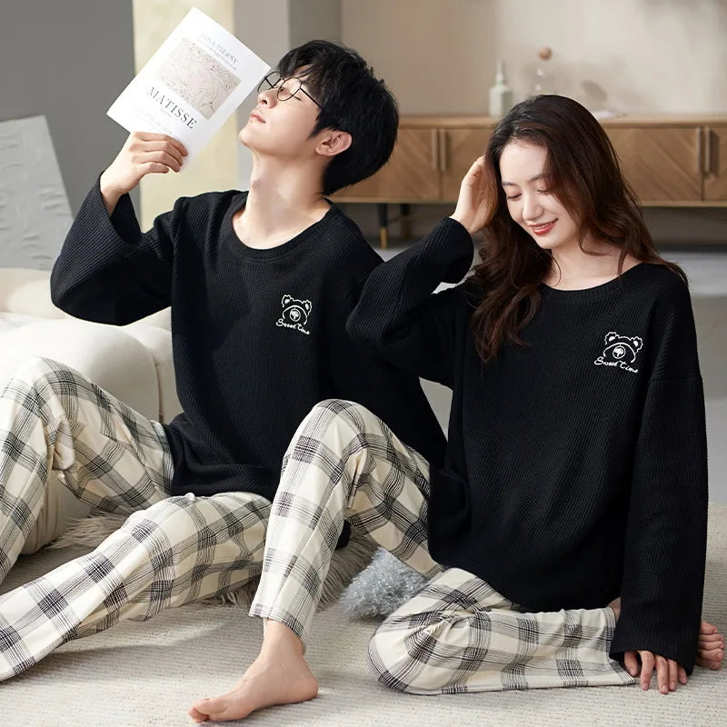 Couple Long Sleeves Sleepwear Autumn Winter Cotton Pajama Sets Print Pants Homewear Kawaii Clothes 2 Piece Sets Nightwear Lovers